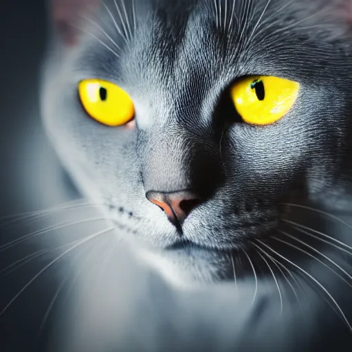 Image similar to photograph of a Russian Blue cat with amber eyes wearing a top hat, intricate detail, kodak 2383 vision color, god rays, depth of field, award winning photography, 4k, hd