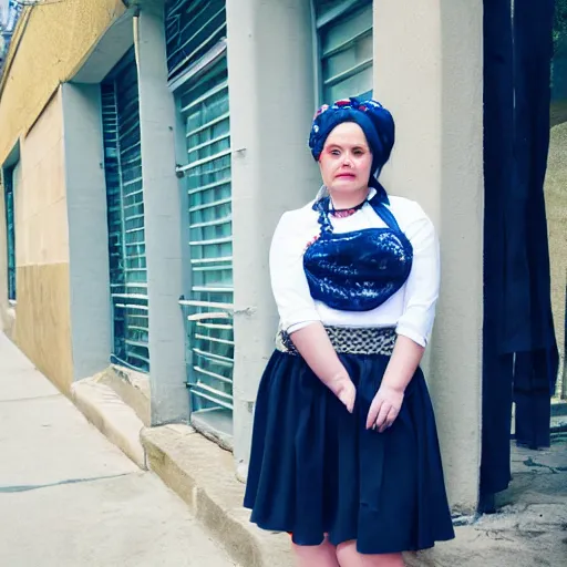 Prompt: plump woman wearing skirt and bandana taking a photograph with a studio camera on the sidewalk outdoors