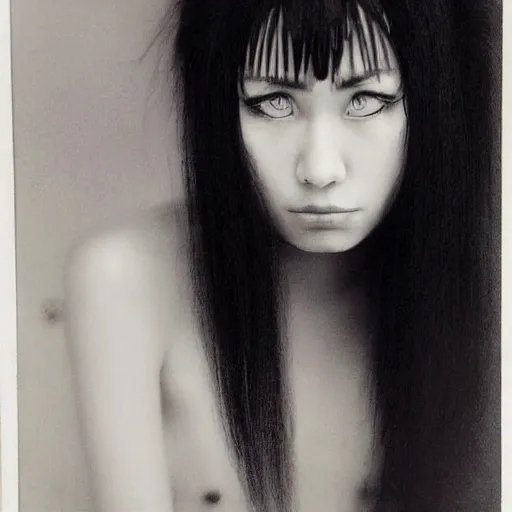 Image similar to A young woman with black and white hair looking disgusted away from the camera, Portrait by Noriyoshi Ohrai