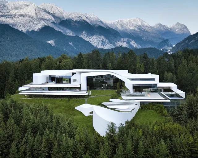 Prompt: A 8K photograph of a modern mansion by Zaza Hadid, set against a stunning backdrop of mountains and forests, unique architecture and design, the photograph is taken from a distance