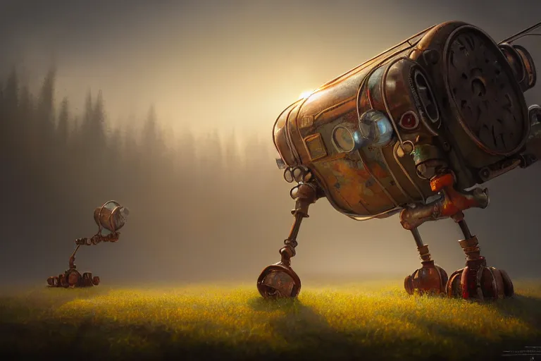 Prompt: a walking magic house with two mechanical legs, rust, hyperrealistic, highly detailed, cinematic, single ray of sun, fog, beautiful, cgssociety, artstation, 8 k, oil painting