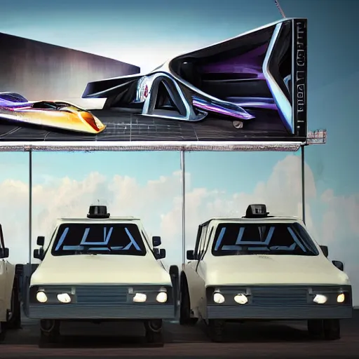 Image similar to sci-fi cars trucks motorcycles portrait 50% of canvas in center and wall near structure on the coronation of napoleon painting and digital billboard in the middle and everything in style of zaha hadid and suprematism forms unreal engine 5 keyshot octane artstation trending bladerunner 2049 colors lighting ultra high detail ultra photo realistic 8k 16k in plastic dark tilt shift