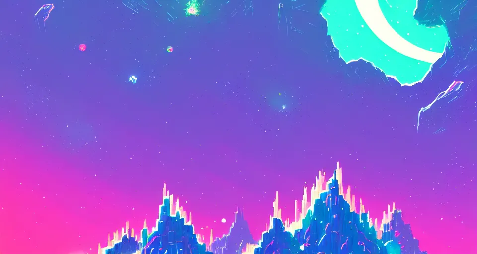 Image similar to galactic mountains surrounded with spiriling sparkling rainbow crystals and galaxies, hyper light drifter color pallet, trending on artstation
