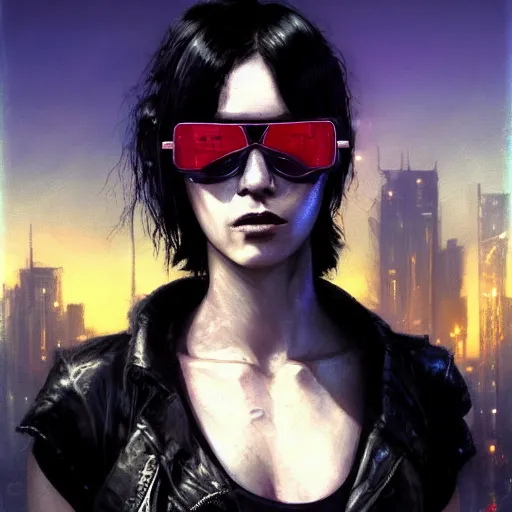 Prompt: molly millions, closeup portrait of a young badass female cyberpunk mercenary with sunglasses, black hair in a rough shag, sunset, neuromancer, street samurai, cyberpunk city background, megacity, gorgeous view, depth, painted by seb mckinnon, high detail, digital art, painted by greg rutkowski, trending on artstation