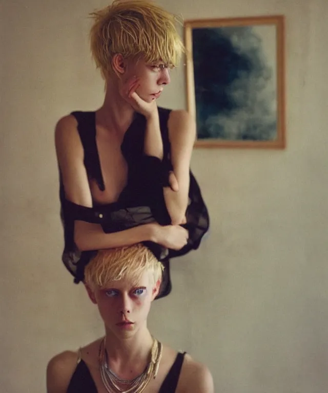 Image similar to a color photograph of edie campbell, bleached blonde short hair, by nan goldin, intense, bold, hyperrealistic, ultra sharp, extra details, ultra high quality, trending on pinteresst