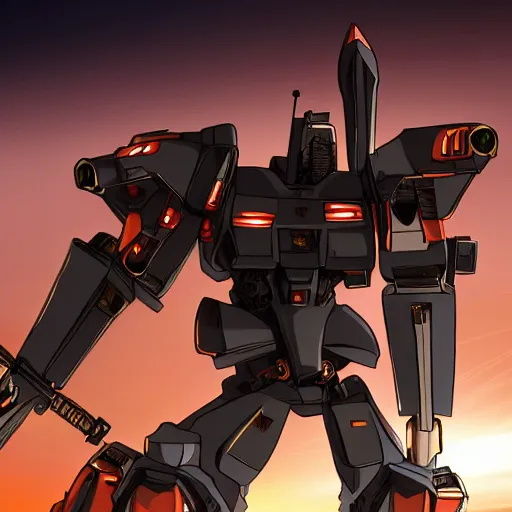 Image similar to high quality anime-style image of a battlemech, armed with a spear and a missile rack, elegant