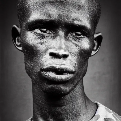 Image similar to black and white photo, portrait of rwandan soldier by richard avedon, realistic, Leica, medium format, cinematic lighting, parallax, high resolution,