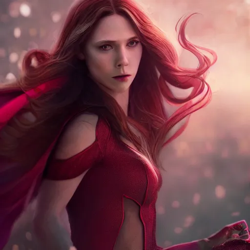 Image similar to movie still of scarlet witch rewriting the fabric of reality, photorealistic art style, fantasy aesthetic. full - body photography, comprehensive art, thorough details, intricate, artstation, cgsociety contest winner