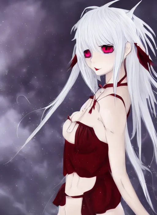 Image similar to white haired anime girl with horns, red eyes, cute