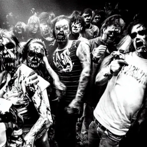 Image similar to zombies at a punk rock concert, highly detailed photo from 1985, black and white