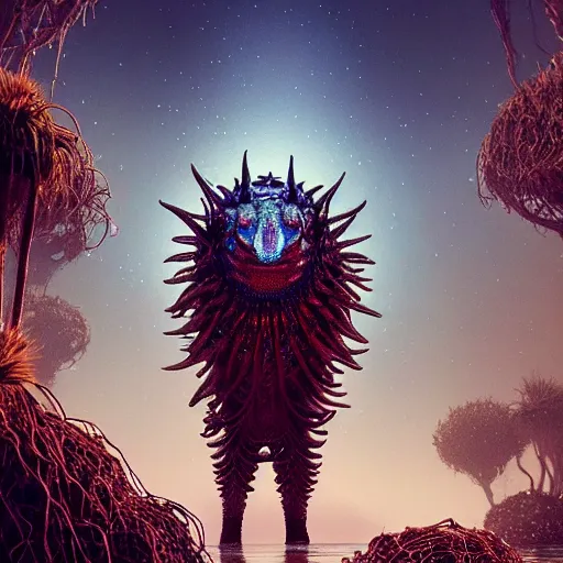 Image similar to creature in a lush desert, water reflection, night, backlit, warm tones, bioluminescent : : by michal karcz, daniel merriam, victo ngai and guillermo del toro : : ornate, dynamic, particulate, intricate, elegant, highly detailed, centered, artstation, smooth, sharp focus, octane render, 3 d