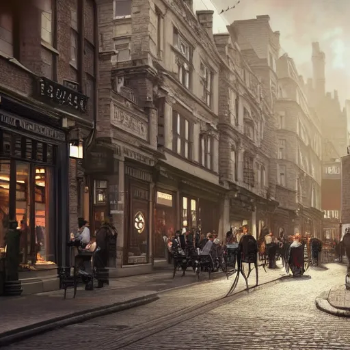 Image similar to 8 k hd detailed octane render of a bustling city street in victorian london