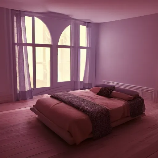 Image similar to surreal bedroom, ray traced, global illumination, high details, 8k