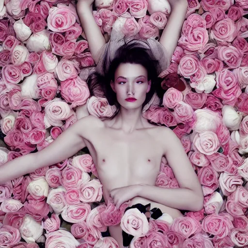 Image similar to a fashion photo of a beautiful model, a bed of roses, by ted gibson, jen atkin, tom eerebout, elizabeth saltzman, peter lindbergh, tim walker, symmetry, full face, studio lighting, dlsr,