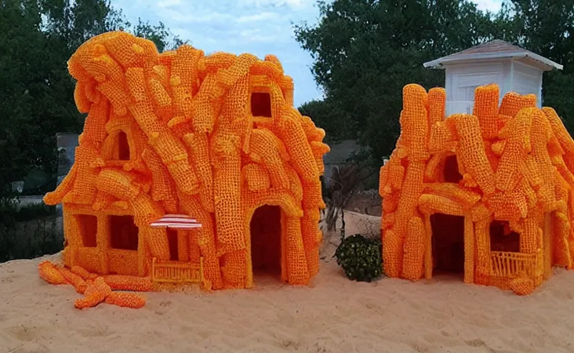 Image similar to beach house made of cheetos, rococo style, extremely detailed