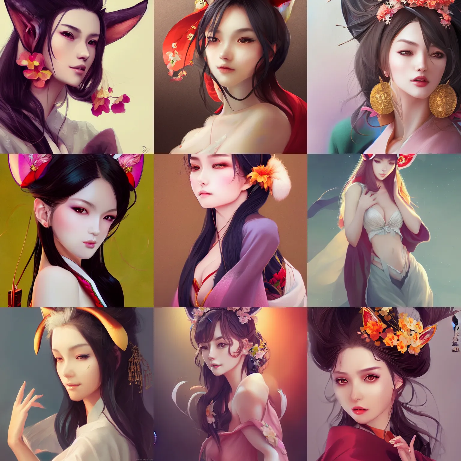 Prompt: A beautiful digital concept portrait of a beautiful, shapely woman with fox ears wearing a kimono, by Stanley Artgerm Lau, WLOP, Rossdraws, LeraPi, and Sakimichan, trending on ArtStation, deviantart, SFW version