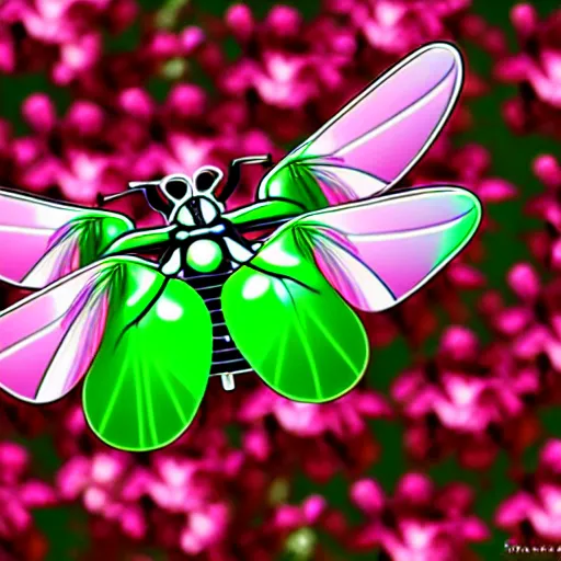 Image similar to rose chafer with quadcopter drone wings creating turbulence above rose flowers black background