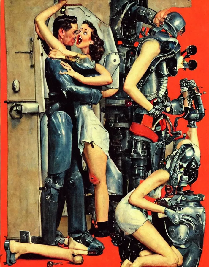 Prompt: a female housewife being hugged by a manly metal - suited robot 1 9 5 0 s horror film movie poster style norman rockwell oil painting, cohesive