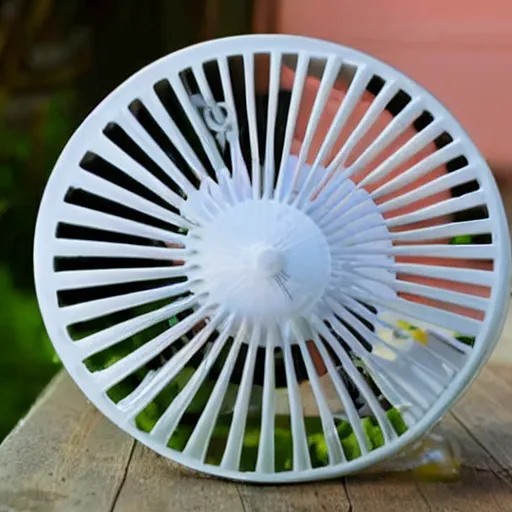 Prompt: a cheap plastic portable white fan melting during a heatwave