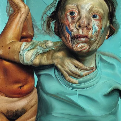 Prompt: high quality high detail painting by lucian freud and jenny saville, hd, horror, unsettling, turquoise