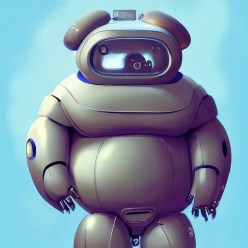 Image similar to a mechanical robot with camera lens eyes in the shape of a cute fat obese animal person bot with a round belly and digital distortion around it, intricate, highly detailed, artstation, concept art, smooth, sharp focus, art by artgerm and greg rutkowski