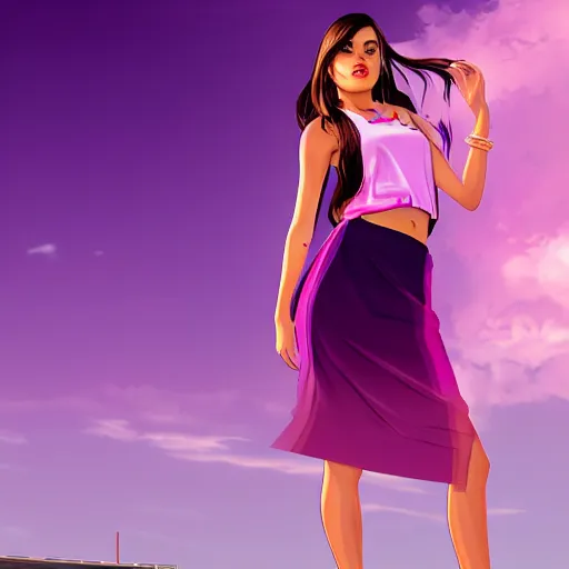 Image similar to a stunning GTA V loading screen with a beautiful woman with ombre hairstyle in purple and pink blowing in the wind, tanktop and skirt, city streets, digital art, trending on artstation