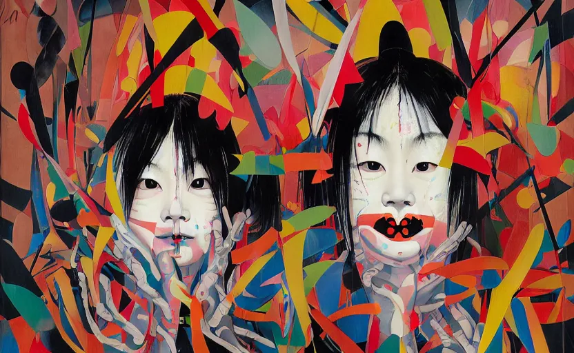 Image similar to decollage painting young japanese actress in a tribal mask chased by unconsciousness fear by adrian ghenie and takato yamamoto and edward hopper and mark ryden and tsutomu nihei, part by bridget riley, acrylic pour and splashing paint, very coherent, baroque elements, perfect anatomy, intricate design. pop art.