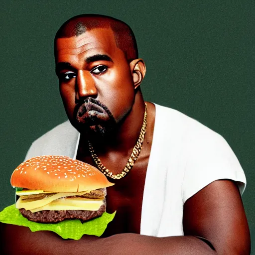 Image similar to kanye west sitting on a giant cheeseburger