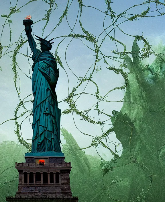 Image similar to highly detailed digital matte painting of a Lady Liberty statue covered in vines with overgrowth Full shot. By Raphael LaCoste and Ruan Jia and Robert McCall, postcyberpunk, geodesic dome, hyperdetailed, sunrise, wide shot, autochrome, octane render