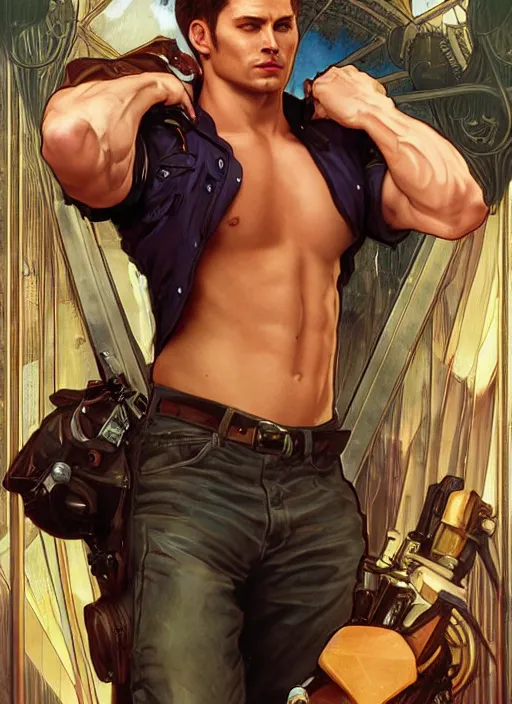 Image similar to photorealistic, canon eos 5 d mark iv, pretty muscular dean winchester as a character in romance book art design, character concept, sharp focus!, ultra detailed, art by artgerm alphonse mucha, wlop