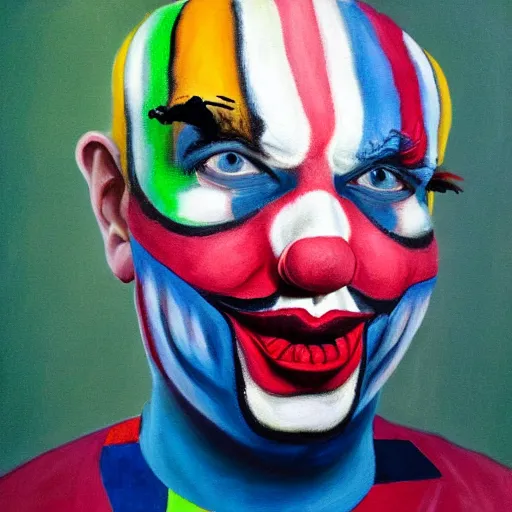 Prompt: a fine art portrait of boris john wearing a clown suit with face paint. in the style of edward hopper, richard hamilton and stanley kubrick.