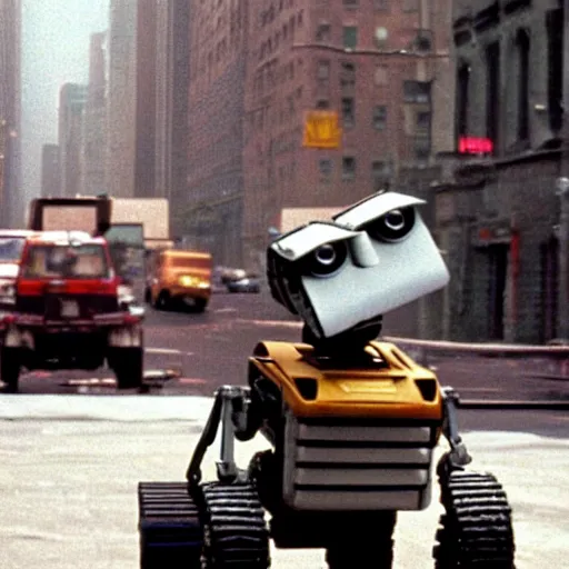 Image similar to taller older Wall-E in New York street, epic 1986 cinematic still