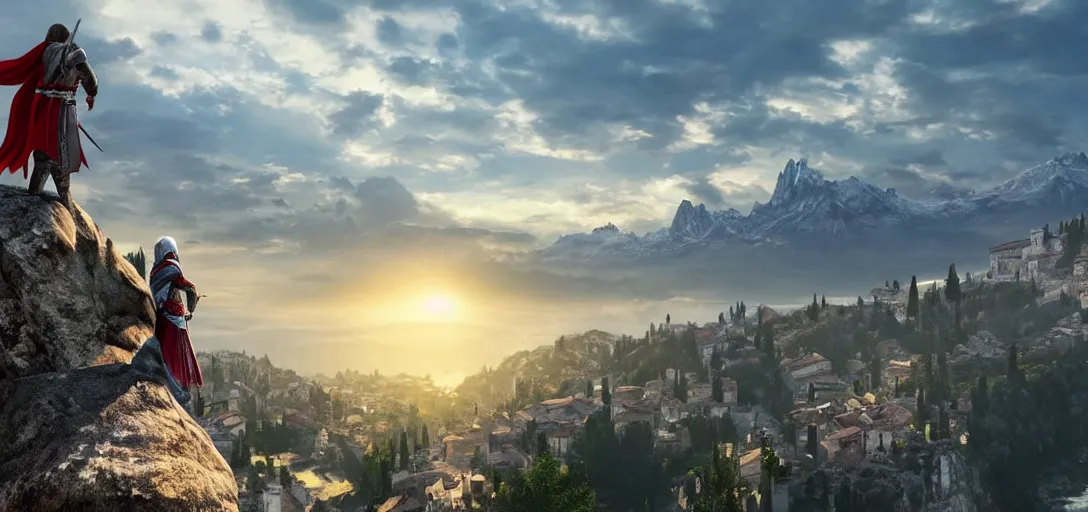 Prompt: Ezio Auditore from Assassin's Creed sitting at the top of a rocky mountain looking at a beautiful sunrise in the distance in italy