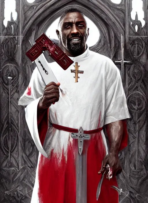 Image similar to a highly detailed illustration of idris elba as a sadistic sharp white haired priest wearing red and white robe, dramatic smiling wielding bloody cross pose, gothic church background, intricate, elegant, highly detailed, centered, digital painting, artstation, concept art, smooth, sharp focus, league of legends concept art, wlop