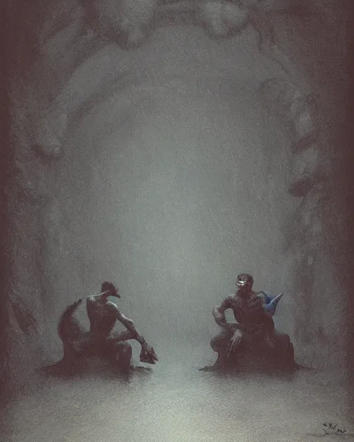 Prompt: dark fleshy figure seated next to another dark angry figure laughing in alone inside an empty dark flooded ballroom overgrown with aquatic plants in the style of Greg Rutkowski and Francis Bacon, Beksinski painting, masterpiece, artstation