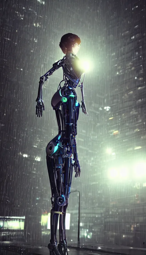 Image similar to thin female bio-mechanical cyborg, wet tiny LED lights illuminate, night time, drizzling raining, rooftop downtown tokyo, atmospheric broken wires exposed, wet machine parts, perfect anatomy, full body portrait, based on Saroyama, centered body portrait, photorealistic, 8K, octane render, volumetric lighting, Unreal Engine, trending on Artstation, hyper realistic, cinematic