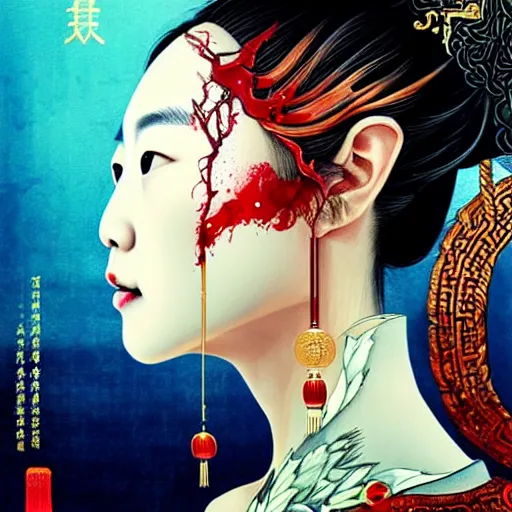 Image similar to portrait and side profile of a chinese woman :: side profile :: in ocean :: clockwork details :: gold :: blood and horror :: by vikings and Sandra Chevrier