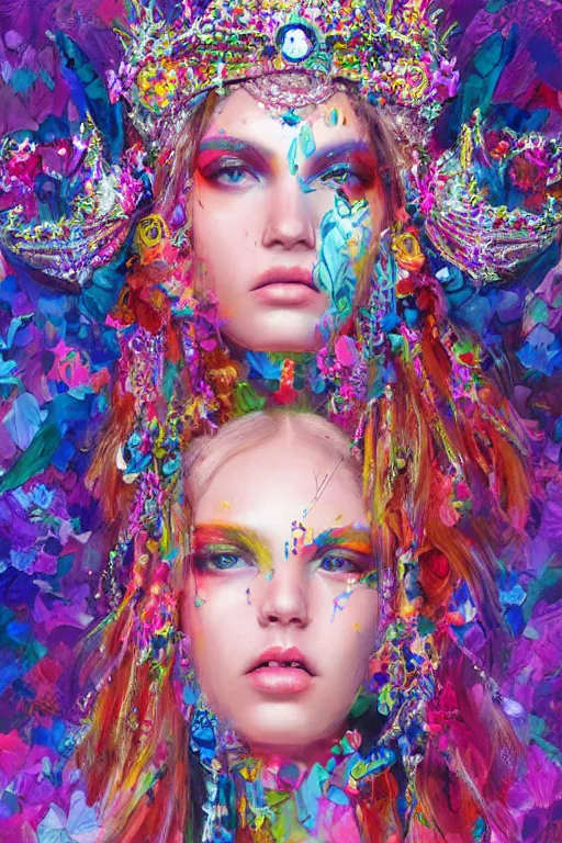 Image similar to a colorful psychedelic illustration of a fashion model wearing an alexander mcqueen beaded crown with beads hanging over her eyes, by magali villeneuve, artgerm, jeremy lipkin and michael garmash, rob rey and kentaro miura style, trending on art station