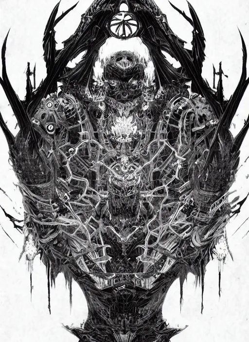 Image similar to Full Art Illustration, Full Body Portrait, black and white, manga, dark RA face illustration, symmetrical, evil, chaos, hypermaximalist, ornate, horror, by Tsutomu Nihei, detailed, intricate ink illustration, symmetry, bloodborne