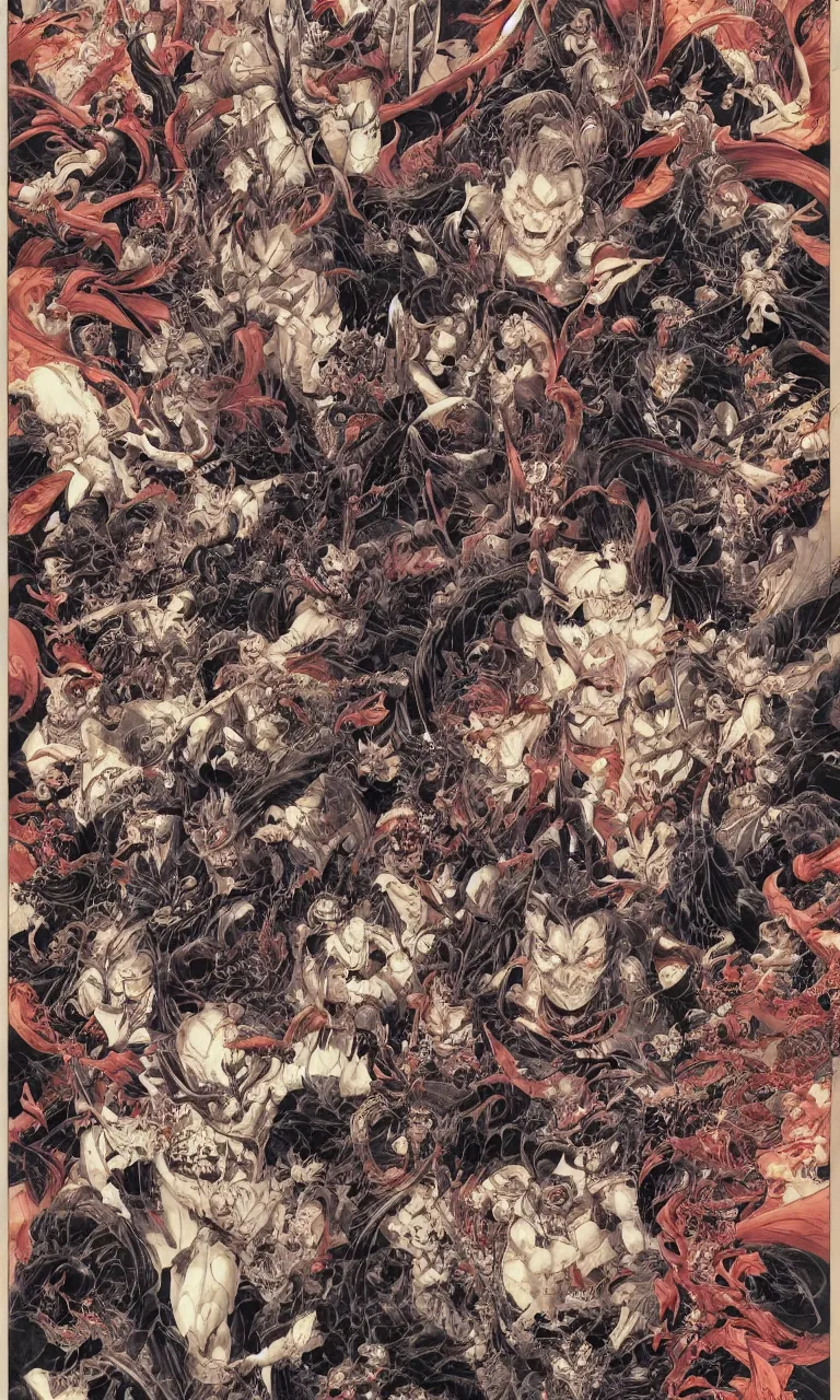 Image similar to 中 元 节, 中 国 鬼 节, king of hell, comic book page, symmetrical, by yoichi hatakenaka, masamune shirow, josan gonzales and dan mumford, ayami kojima, takato yamamoto, barclay shaw, karol bak, yukito kishiro