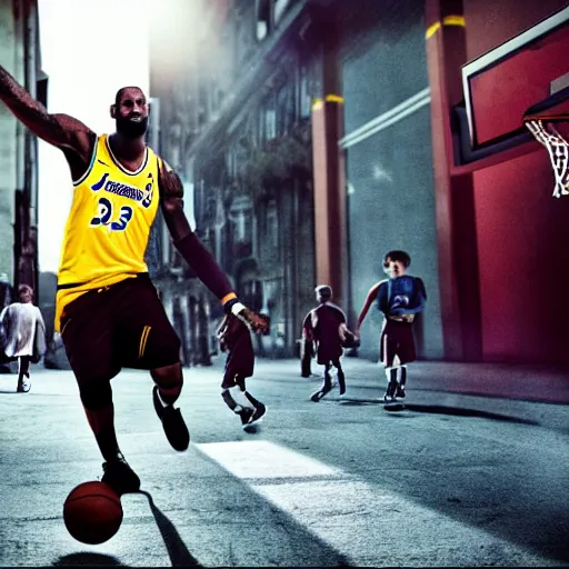 Image similar to lebron james playing basketball in the street with young boys, photorealistic, dynamic light, cinematic, ultra detailed