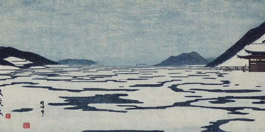 Prompt: 🌨 ❄ 🏝 🏞. shin hanga.