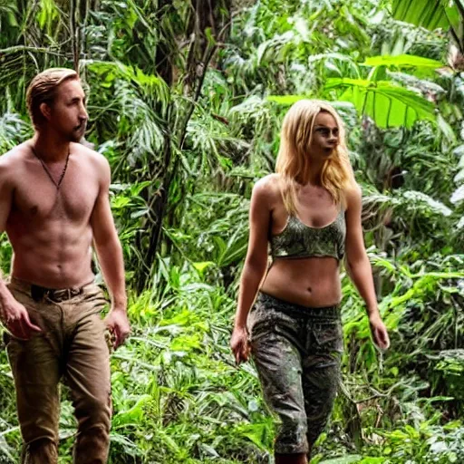 Prompt: still of ryan gosling and margot robbie walking in the jungle in brazil