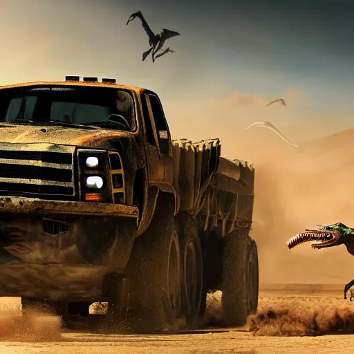 Image similar to velociraptor as a truck in the style of mad max and star wars, futuristic dramatic lighting, intricate photorealistic detail, many exotic high end features