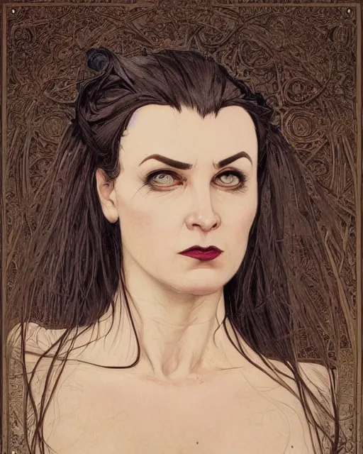 Image similar to portrait of evil a tall 4 0 - year - old woman with thin lips, heavy - lidded eyes, a strong jaw and long, thick shining black hair, thick eyebrows and long eyelashes, wearing in black clothes, hyper realistic face, beautiful eyes, fantasy art, in the style of greg rutkowski, intricate, alphonse mucha, hyper detailed, smooth