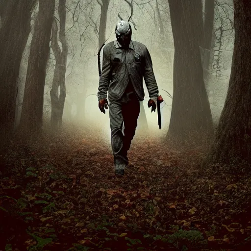 Image similar to A still image of Jason Voorhees in the woods foggy Digital art very detail 4K quality super realistic