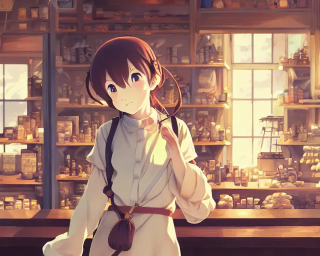 Image similar to anime visual, portrait of a young female traveler in a alchemist's shop interior, cute face by yoh yoshinari, katsura masakazu, studio lighting, dynamic pose, dynamic perspective, strong silhouette, anime cels, ilya kuvshinov, cel shaded, crisp and sharp, rounded eyes, moody, cold colors