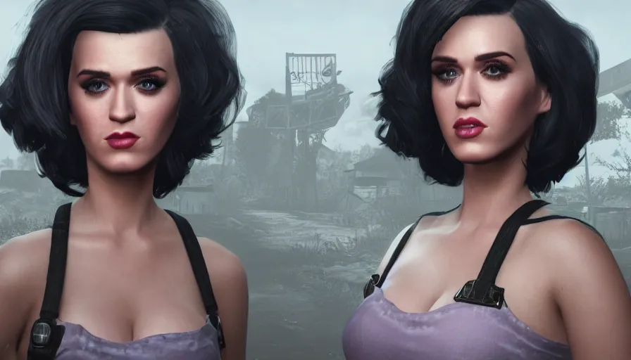 Image similar to closeup fallout 4 character screenshot of katy perry, enb, ambient occlusion, subsurface scattering, solo portrait, 4 k, bokeh, beautiful, detailed