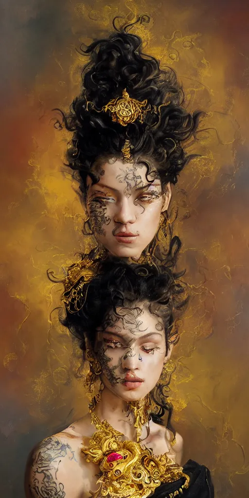 Prompt: an epic painting of a 1 9 years old girl figure, curly messy high bun hairstyle, oriental tattoos, jeweled ornament over forehead, subject wearing a gold and black high fashion gown, flowing, ornate, beautiful, intricate, dramatic earth colors, with few fire red highlights, by jeremy mann and greg rutkowski, oil on canvas, artstation