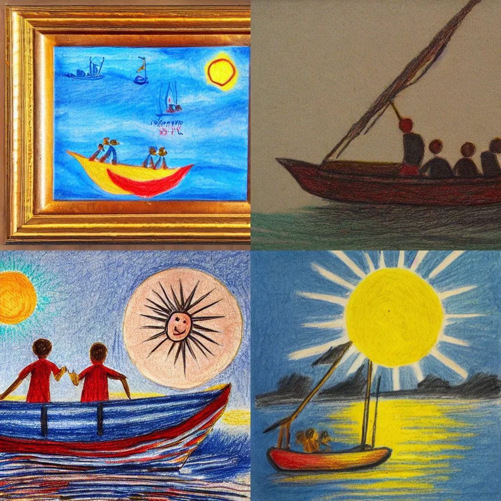 Prompt: boat with men waving and with shining sun above, children's drawing, crayon